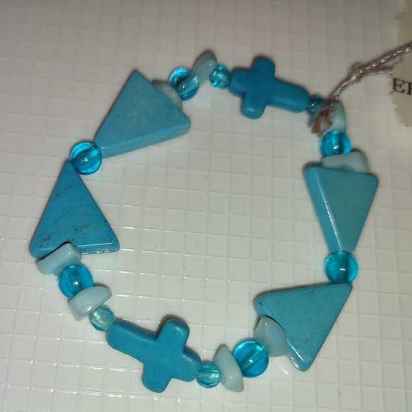 Small Bracelet Blue Turquoise Stones Cross Christian Vintage Hand made crafted - Picture 1 of 3